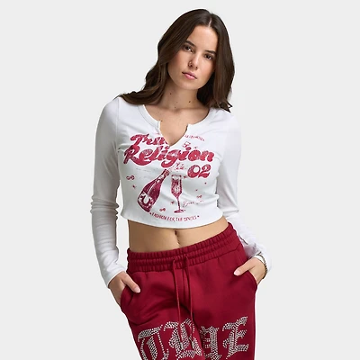 True Religion Haut à manches longues cranté côtelé scintillant pour femme / Blanc