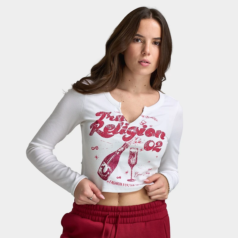 True Religion Haut à manches longues cranté côtelé scintillant pour femme / Blanc