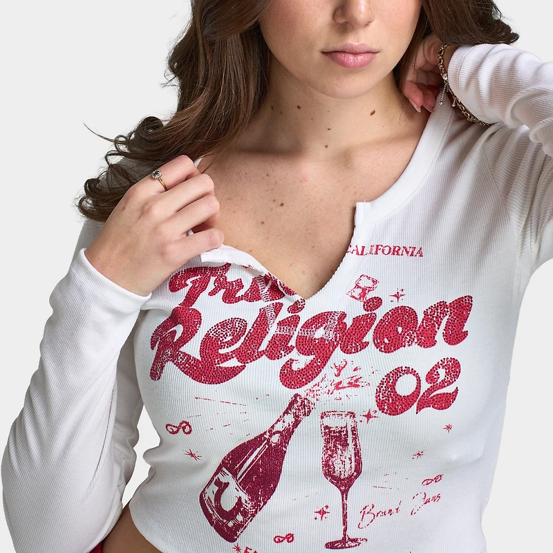 True Religion Haut à manches longues cranté côtelé scintillant pour femme / Blanc