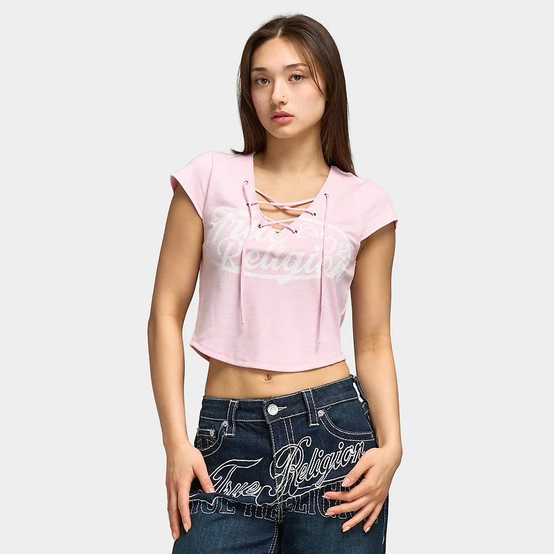 True Religion Women's Lace Up Cap Sleeve Rib Top / Fairy