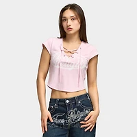 True Religion Women's Lace Up Cap Sleeve Rib Top / Fairy