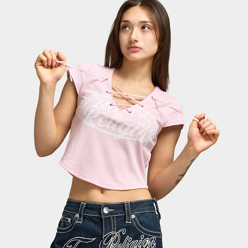 True Religion Women's Lace Up Cap Sleeve Rib Top / Fairy