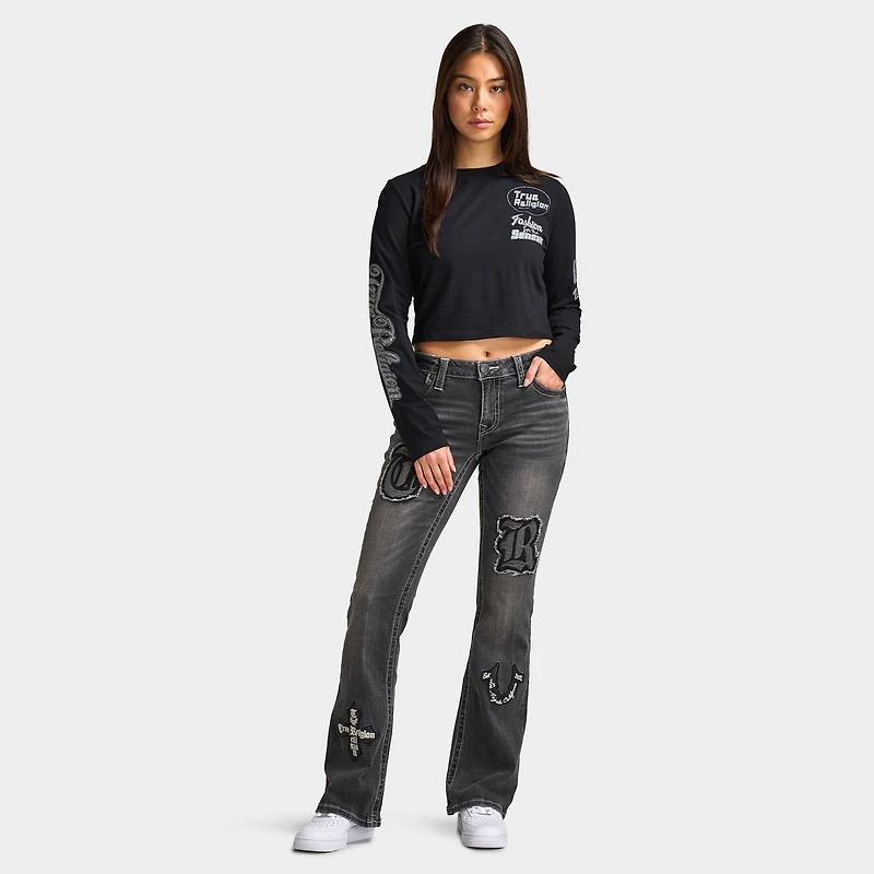 True Religion Women's Bedazzled Crystal Sporty Long Sleeve Baby Tee / Black