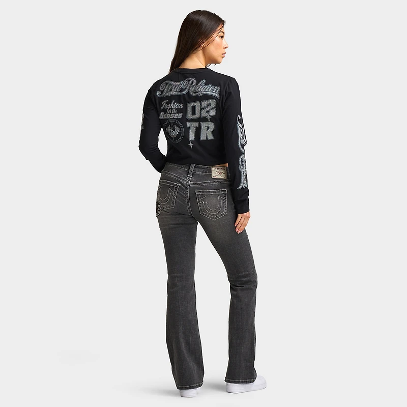 True Religion Women's Bedazzled Crystal Sporty Long Sleeve Baby Tee / Black