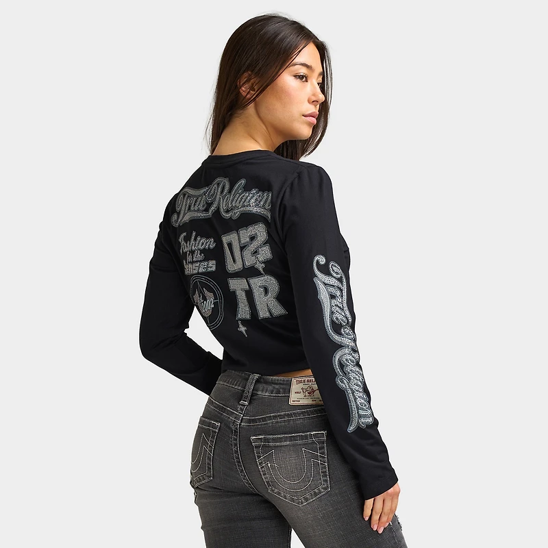 True Religion Women's Bedazzled Crystal Sporty Long Sleeve Baby Tee / Black