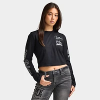 True Religion Women's Bedazzled Crystal Sporty Long Sleeve Baby Tee / Black