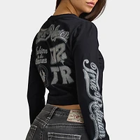 True Religion Women's Bedazzled Crystal Sporty Long Sleeve Baby Tee / Black