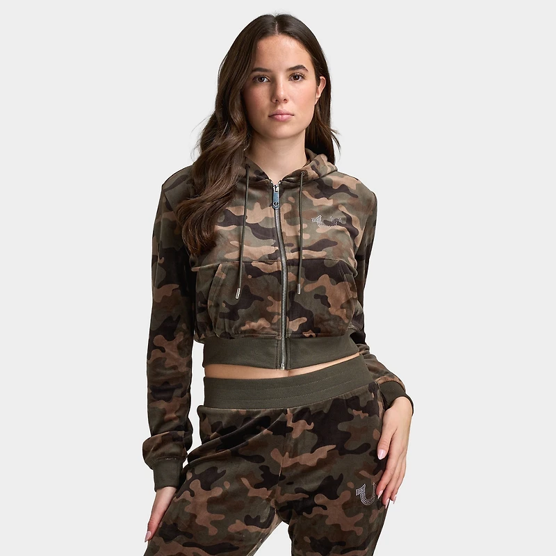 True Religion Femmes Chandail à capuchon Rétréci en Velours / Motif camouflage Brun