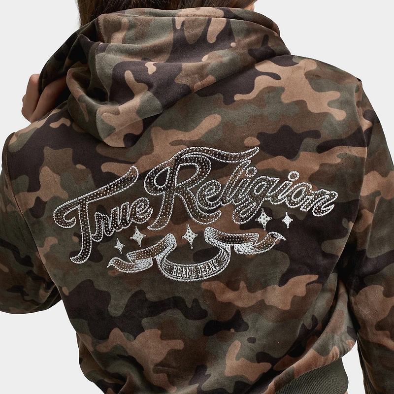 True Religion Femmes Chandail à capuchon Rétréci en Velours / Motif camouflage Brun