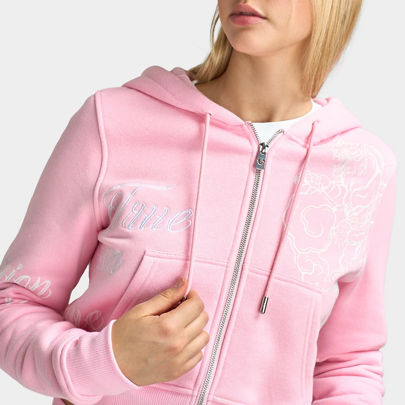 True Religion Chandail à Capuche Zippé Brodé Tigre / Rose Orchidée