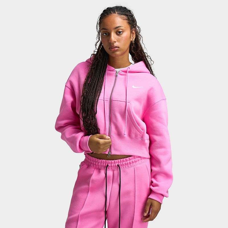 Nike Sportswear Women's Phoenix Fleece Loose Crop Full Zip Hoodie Playful Pink / Sail