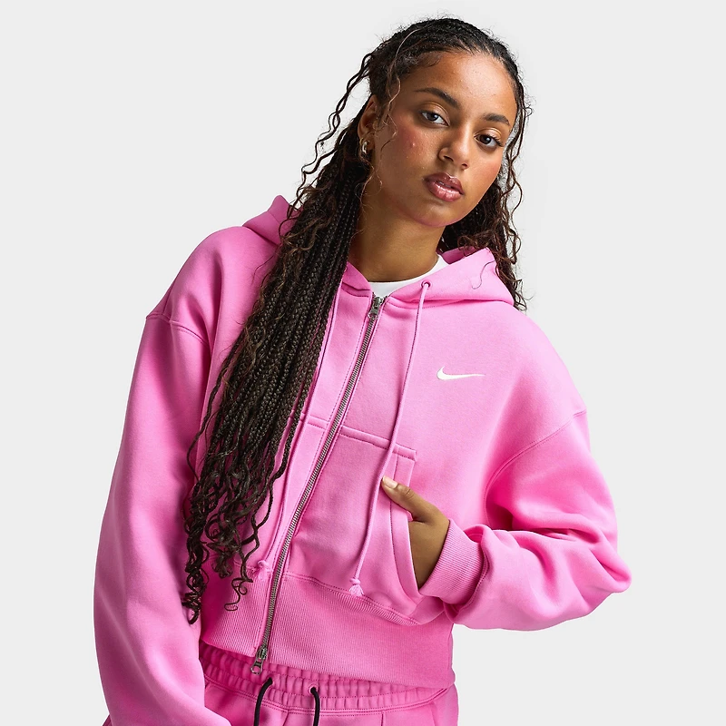 Nike Sportswear Women's Phoenix Fleece Loose Crop Full Zip Hoodie Playful Pink / Sail