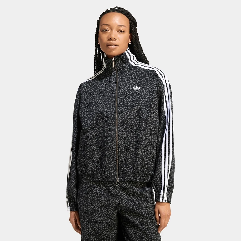 adidas Women's Firebird Oversized All over print Denim Jacket Black / Grey Six