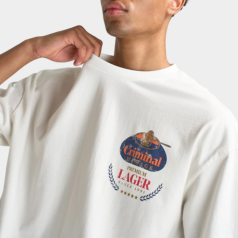 Criminal Damage Hommes Premium Lager T-shirt / Blanc Cassé