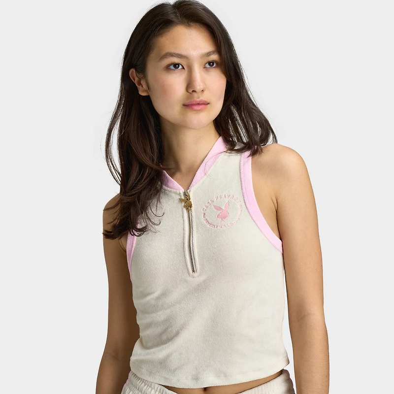 Playboy Casa Quarter Zip Terry Tank Top Off White / Pinkesque