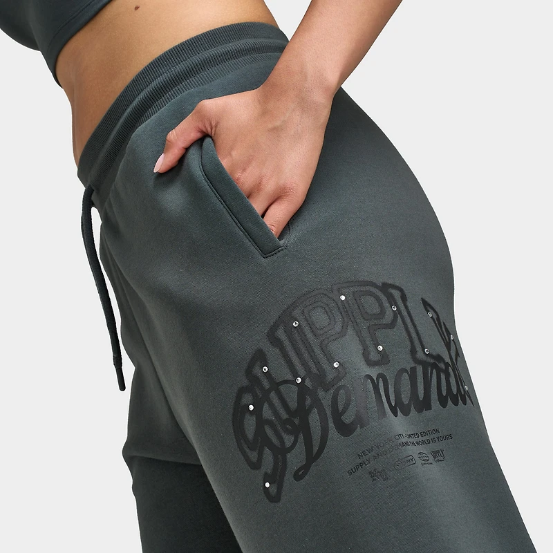 Supply & Demand Women's Spray Wide Leg Joggers / Dark Grey With Diamantes
