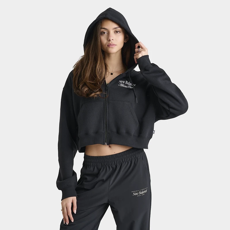 New Balance Femmes Crop Linéaire Chandail à Capuchon Entièrement Zippé / Noir