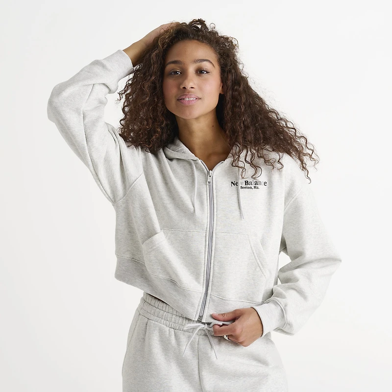 New Balance Women's Tone Crop Full Zip Hoodie Ash Heather / Black