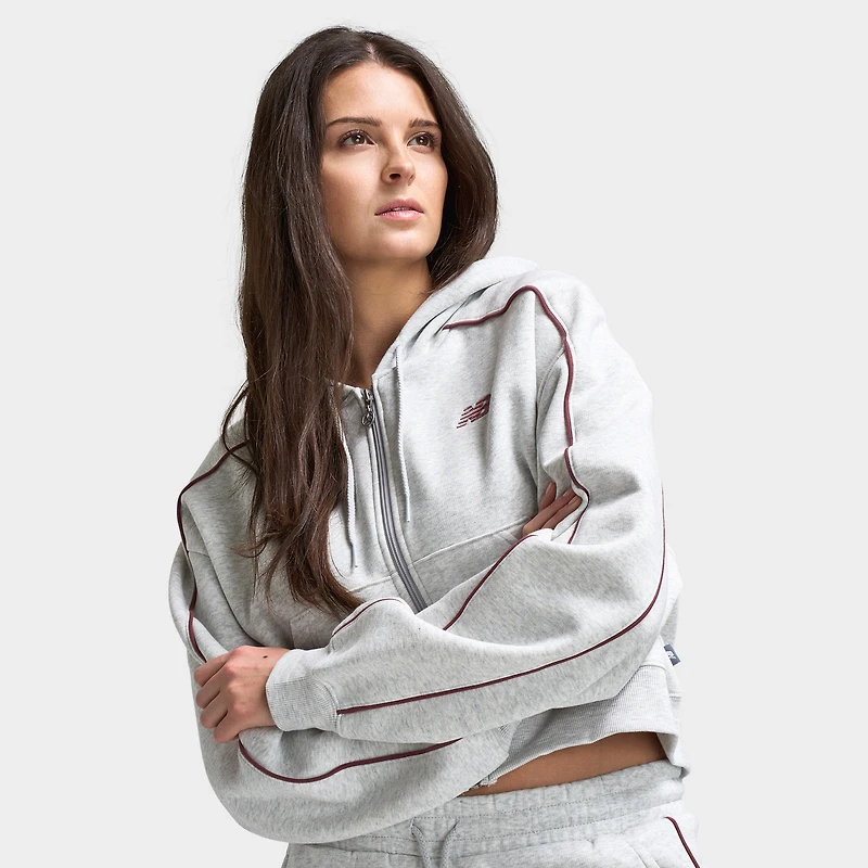 New Balance Femmes Chandail à Capuchon Court Zippé / Gris
