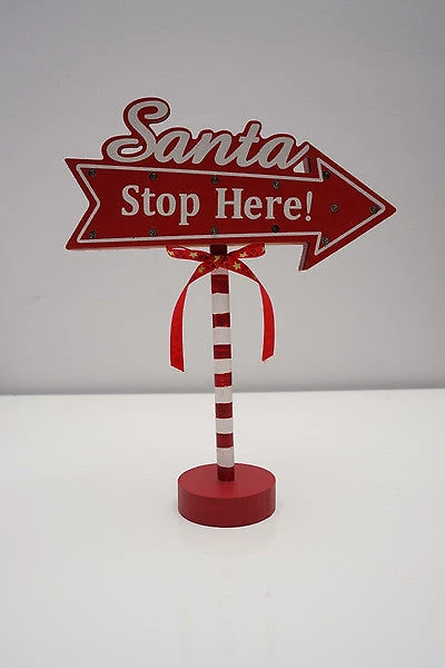 11" Wooden Santa Stop Here W/Lights in Box