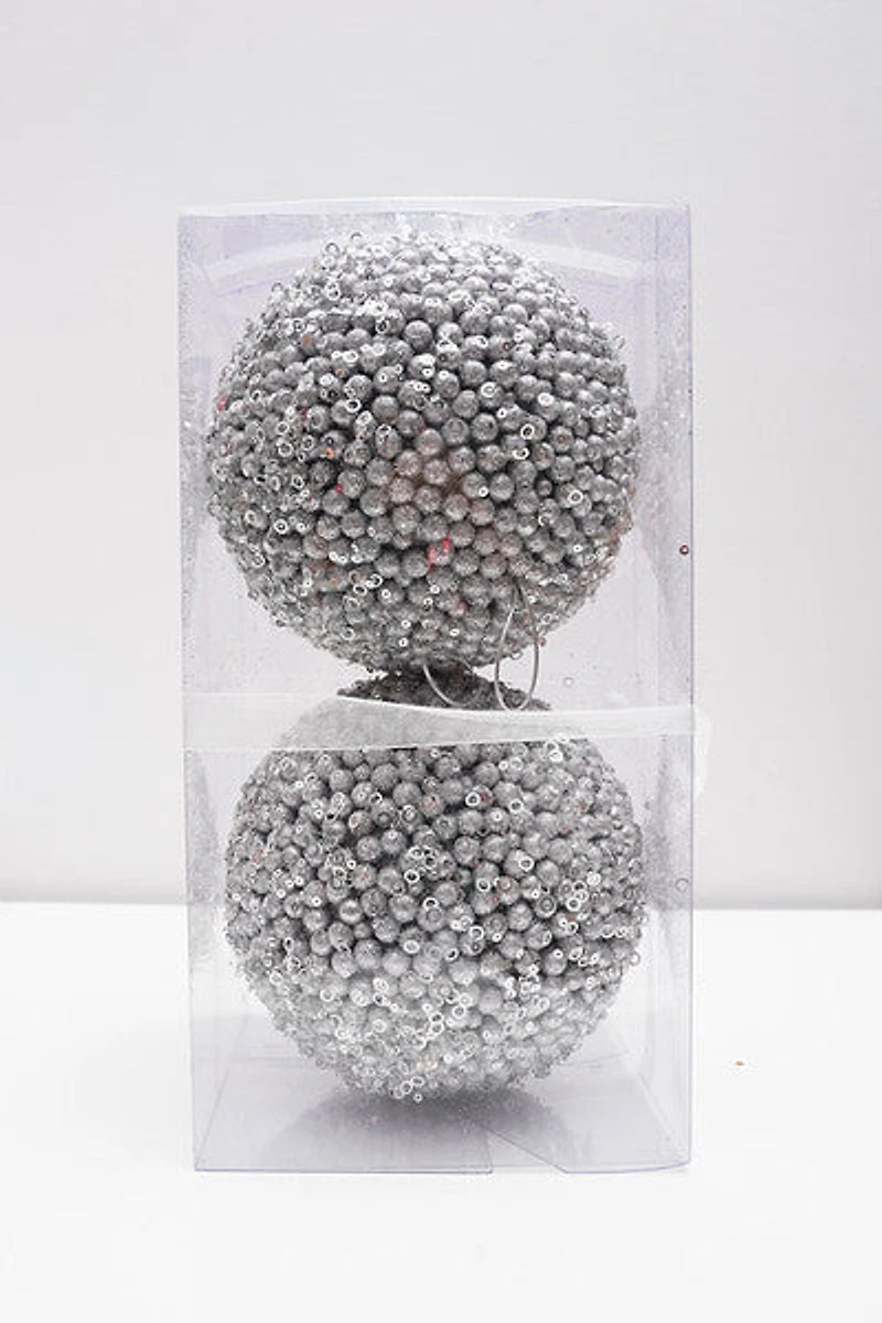 6" Glittered Ball Silver 2pcs