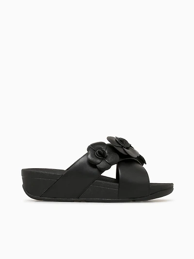 Lulu Flower Cross Slide Black Leather