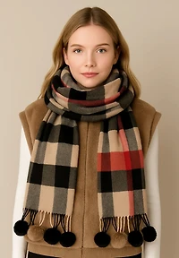 Plaid Pom Pom Fringe Pash