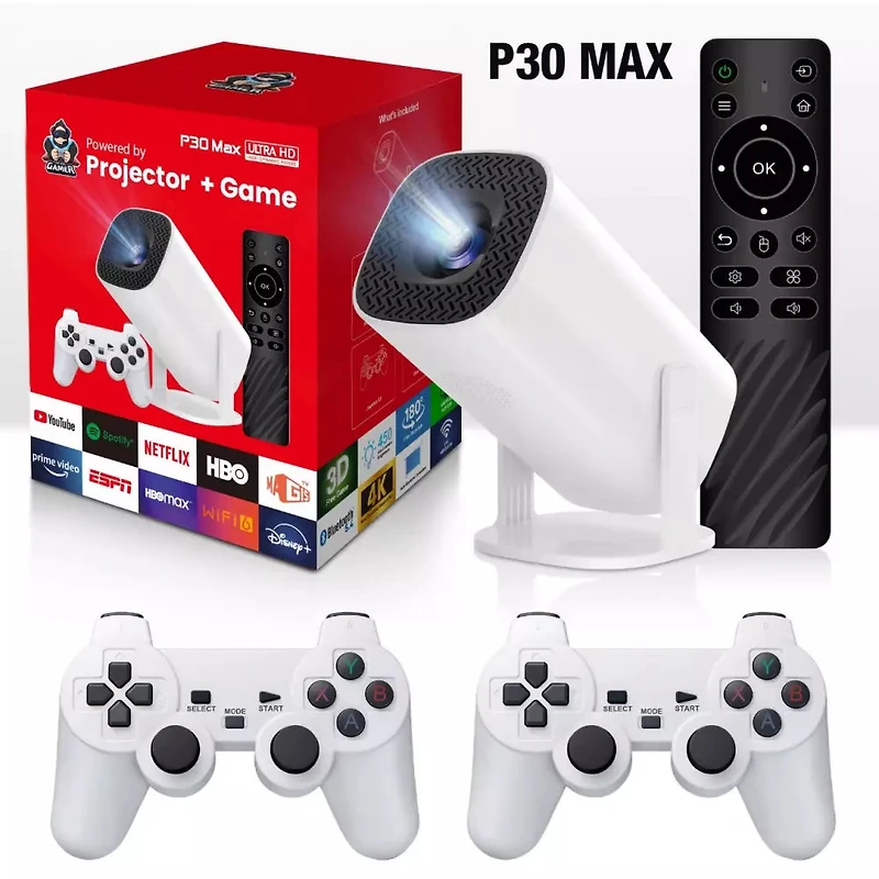 P30 MAX 4K Portable Smart Projector with Built-In Retro Game Console | 100,000h LED | Wi-Fi | Dual Gamepads Included