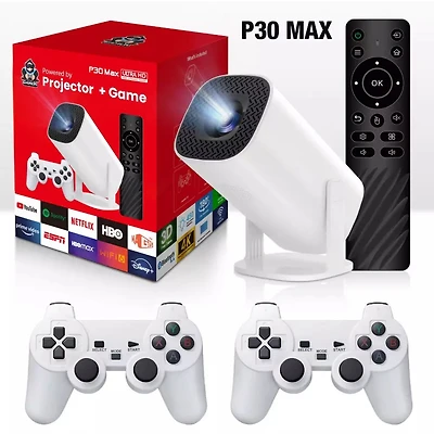 P30 MAX 4K Portable Smart Projector with Built-In Retro Game Console | 100,000h LED | Wi-Fi | Dual Gamepads Included