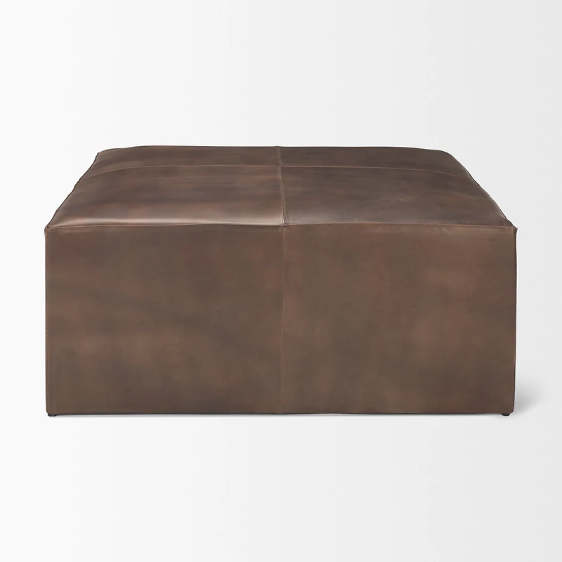 Minara Square Brown Leather Wrapped w/Wood Base Ottoman