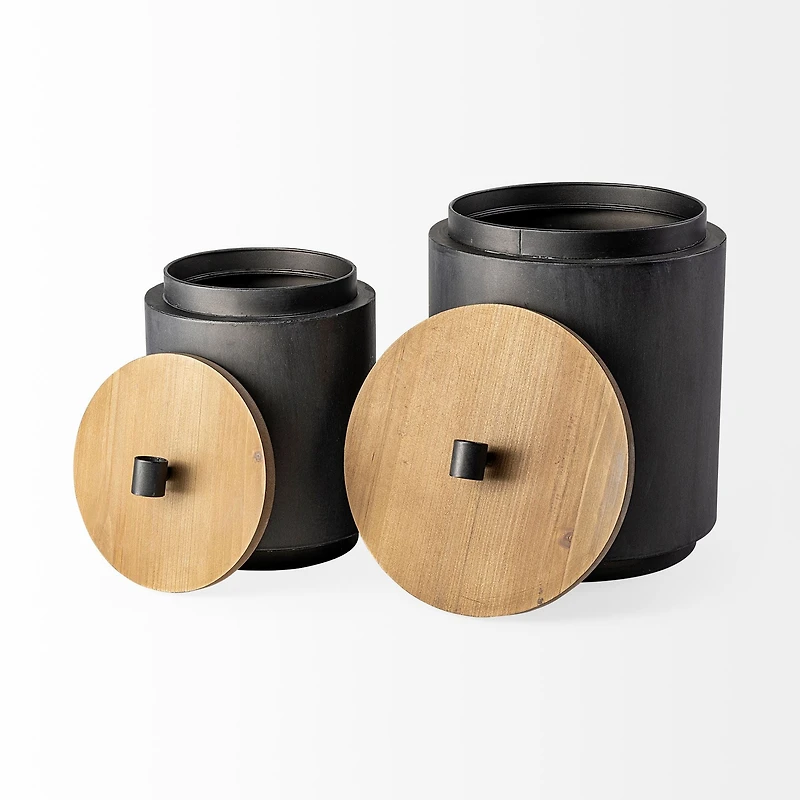 Cyril (Set of 2) Gray Metal W/ Brown Wood Lids Jars