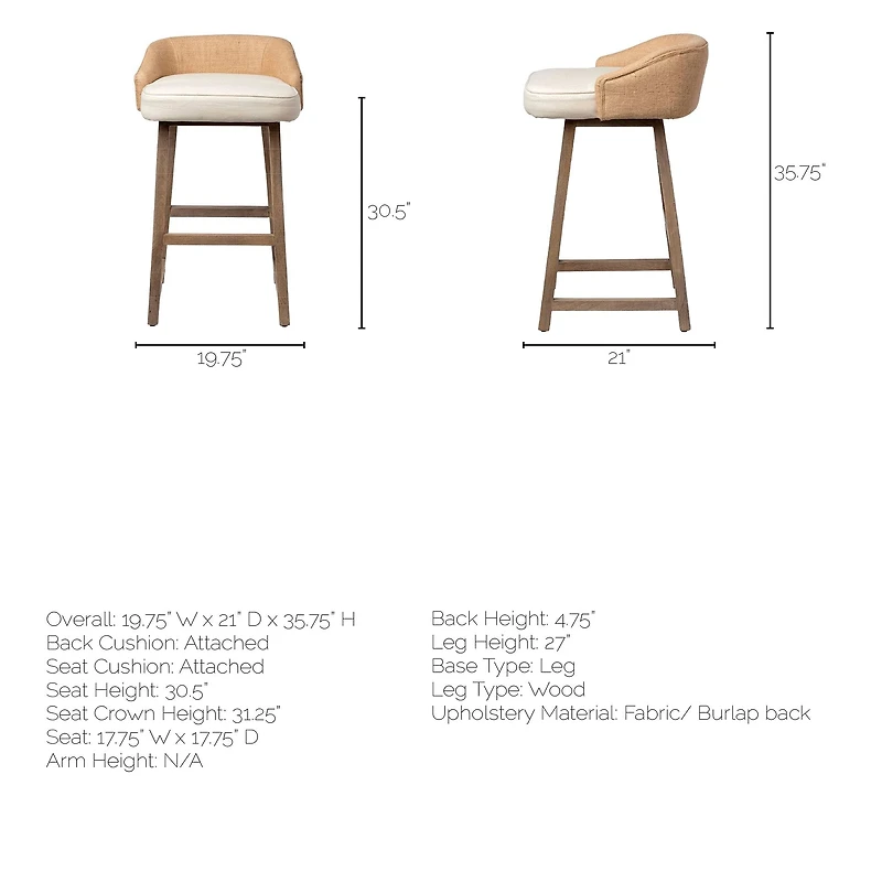 Monmouth Cream Fabric | Brown Wood | Bar Stool