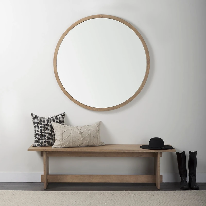 Gambit 46" Round Light Brown Wood Frame Wall Mirror