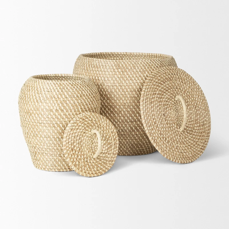 Kalopa Set of 2 Seagrass Floor Baskets w/ Flat Handled Lid