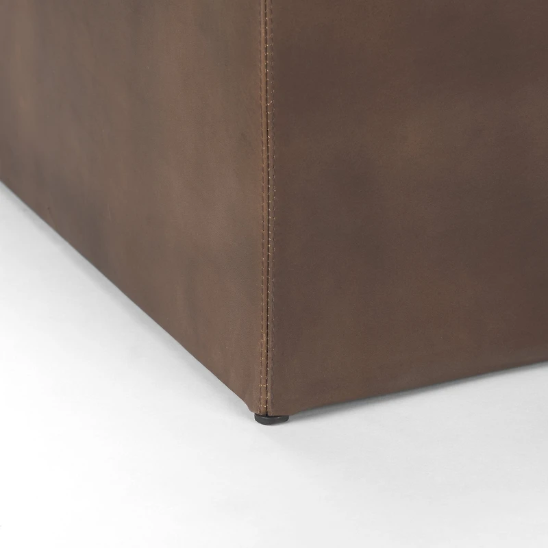 Minara Square Brown Leather Wrapped w/Wood Base Ottoman