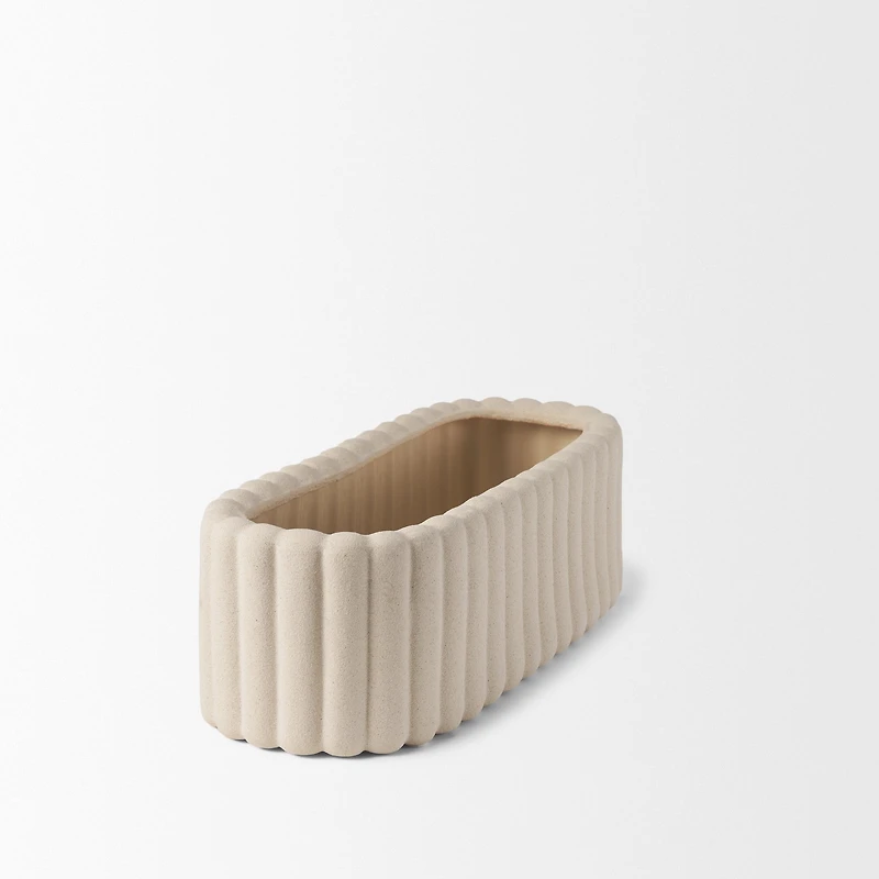 Mira Wide Textured Blush Beige Fluted Ceramic Vase