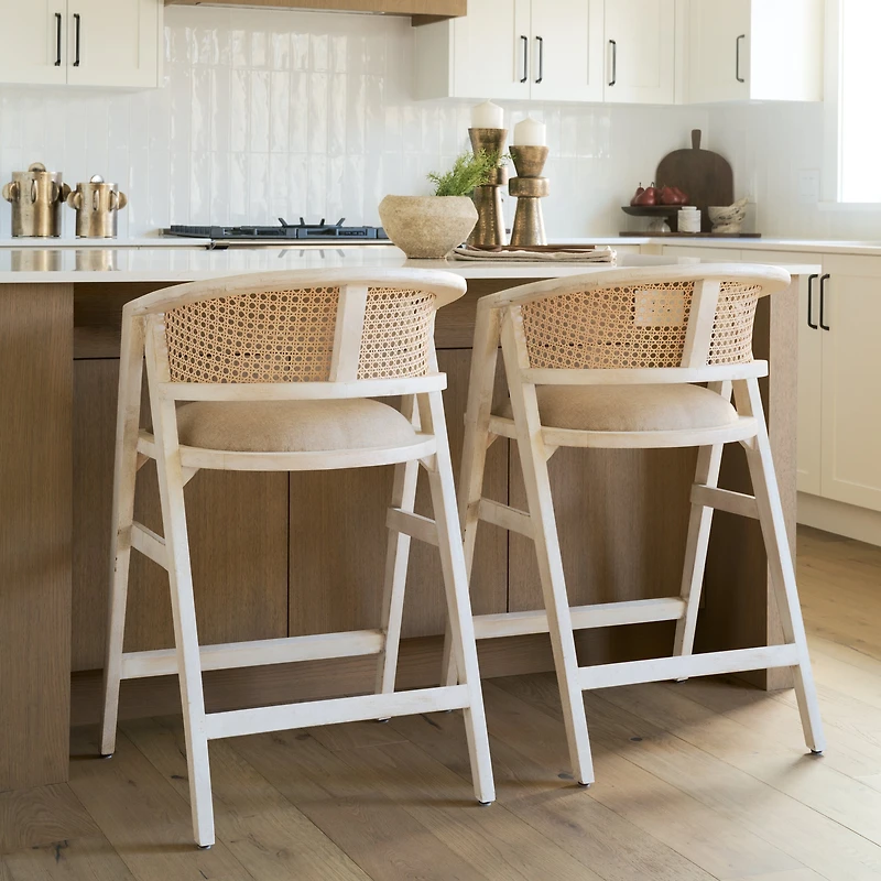 Tabitha Beige Fabric/Rattan Seat Blonde Wood Frame Counter Stool
