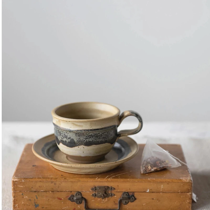 Stoneware Mug with Saucer - Set of 2