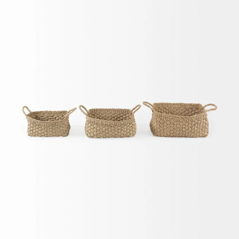 Emra Light Brown Seagrass Rectangular Basket W/ Handles