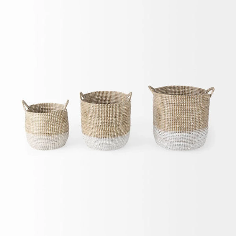 Maddie Light Brown W/(White/Black) Dipped Seagrass Round Basket W/ Handles