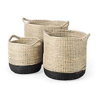 Maddie Light Brown W/(White/Black) Dipped Seagrass Round Basket W/ Handles