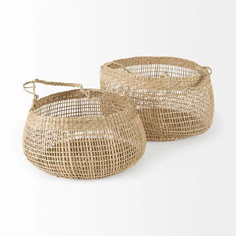 Nova Light Brown Seagrass Woven Round Basket W/ Long Handle