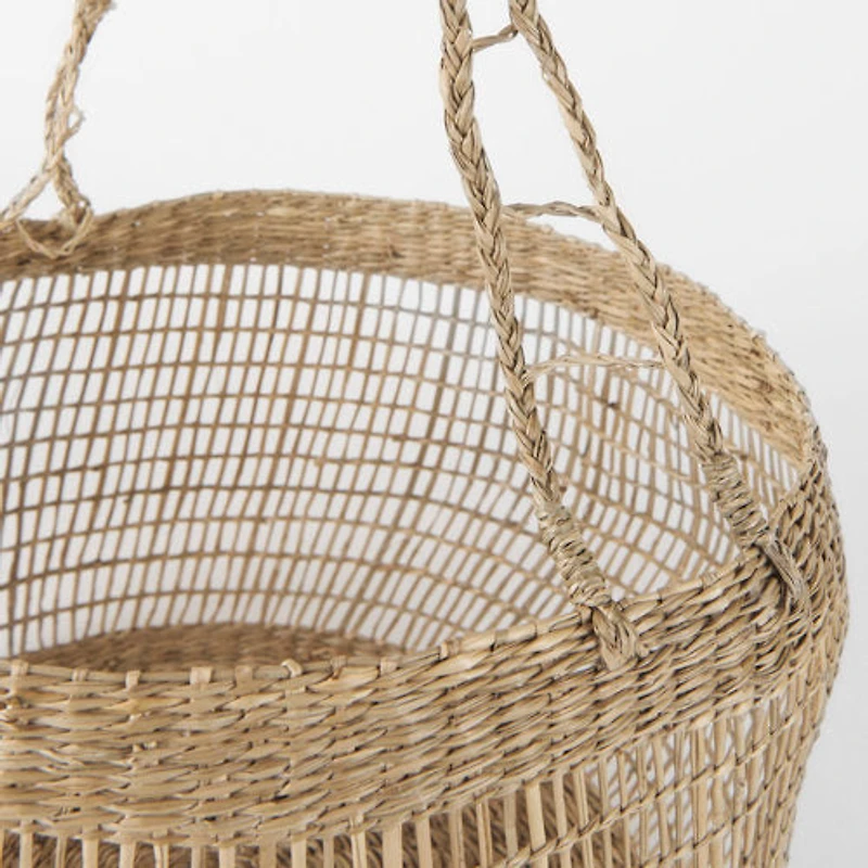 Nova Light Brown Seagrass Woven Round Basket W/ Long Handle