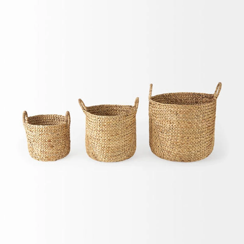 Sivan Light Brown Water Hyacinth Round Basket W/ Handles