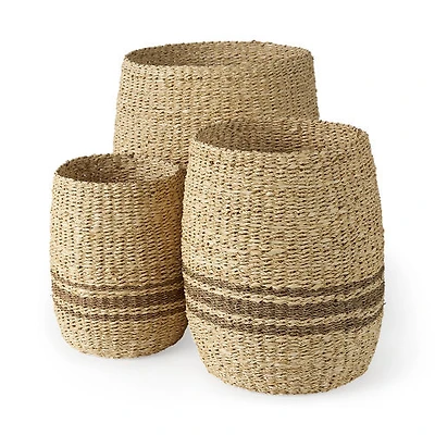 Sivannah Light Brown and Medium Striped Seagrass Round Basket