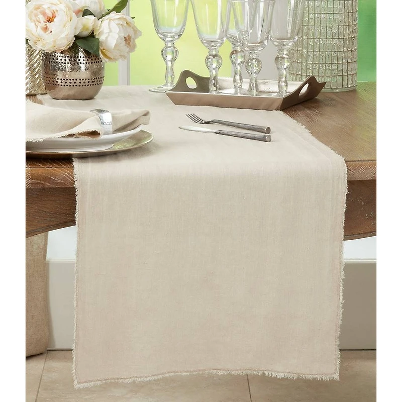 Fringed Design Stone Washed Linen Runner - Natural