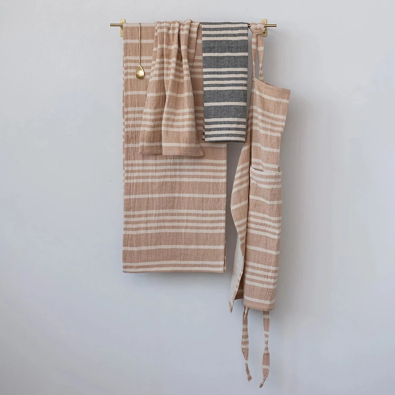 Cotton Double Cloth Striped Tea Towels w/ Jute & Wood Bead Tie- Set of 2