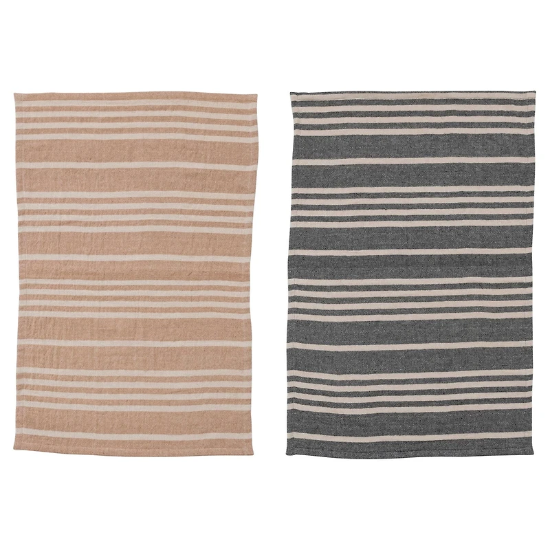 Cotton Double Cloth Striped Tea Towels w/ Jute & Wood Bead Tie- Set of 2