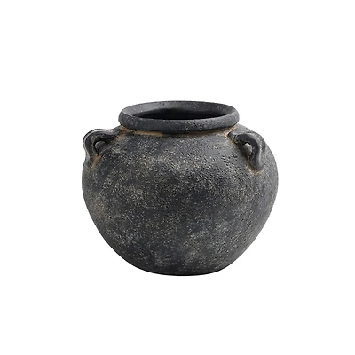 Black Low Round Terracotta Vase With Handles