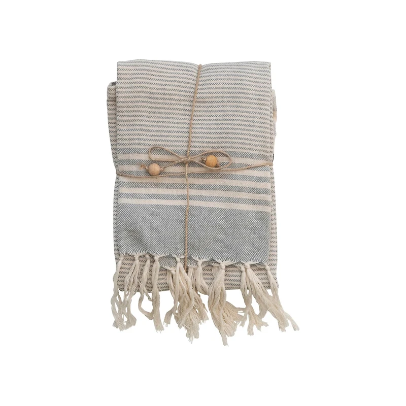 Woven Cotton Tea Towels w/ Stripes, Jute & Wood Bead Tie, 3 Styles, Set of 3